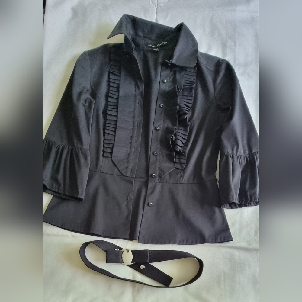 Women's Black Ruffled Button-Front Blouse